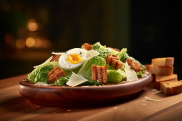 Conceptual close-up photography of a tempting caesar salad on a wooden board against a pastel or soft colors background. With generative AI technology