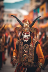 Fototapeta na wymiar A man wearing a horned headdress and costume. Generative AI. La Diablada in Oruro, Bolivia.