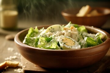 Macro view photography of a tempting caesar salad in a clay dish against a pastel or soft colors background. With generative AI technology