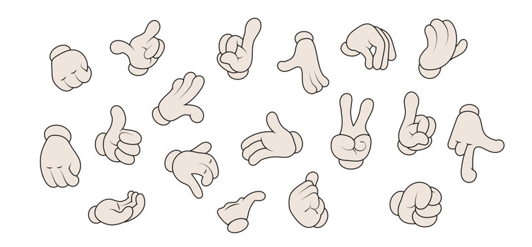 Cartoon hands in gloves. Funny retro mascot hand gestures and comic vintage arm character in expression poses. Palm and finger action. Vector set