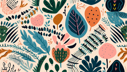 Hand drawn ethnic botanical ornamental pattern. Cute abstract organic shapes print. Collage contemporary design