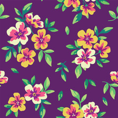 Seamless floral pattern, colorful ditsy print with retro rustic motif. Beautiful botanical design for fabric, textile, paper: small hand drawn flowers, leaves in bouquets. Vector illustration.