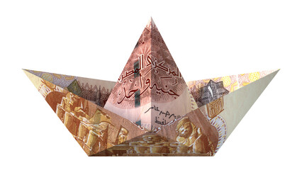 one Egyptian pound , Egypt currency 1 LE EGP money banknotes , paper boat 3D illustration - obrazy, fototapety, plakaty