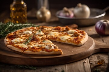 Macro view photography of a tempting pizza on a rustic plate against a rustic wood background. With generative AI technology