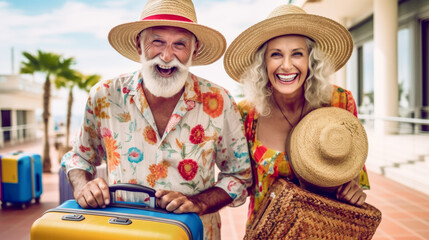 Senior couple laughing at their summer vacation spot. funny adult couple on arrival at their vacation hotel. Generative Ai