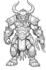 A drawing of a Minotaur, a bull man with horns and armor. Coloring page for kids. Generative AI.