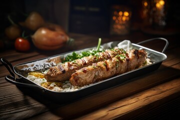 Natural light close-up photography of a juicy kebab on a metal tray against a rustic wood background. With generative AI technology