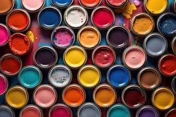 Fototapeta premium Top view of open paint cans - generative AI