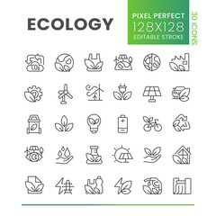 Ecology pixel perfect linear icons set. Nature protection. Sustainable energy sources. Customizable thin line symbols. Isolated vector outline illustrations. Editable stroke. Poppins font used