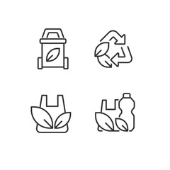 Plastic waste recycling pixel perfect linear icons set. Garbage reusing process. Refusing industry. Customizable thin line symbols. Isolated vector outline illustrations. Editable stroke