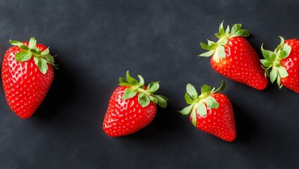 Fresh strawberries on dark background, top view, flat lay, generative ai