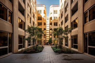 Fototapeta na wymiar Landscape of luxury apartment complex buildings, colorful sidewalk scene. Generative Ai
