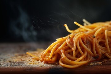 Macro detail close-up photography of a tempting spaghetti on a wooden board against a grey concrete background. With generative AI technology