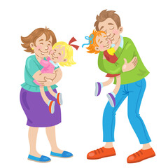 Friendly family. Happy parents hold their little daughters in their arms. Man and woman are hugging with children. In cartoon style. Isolated on white background. Vector illustration