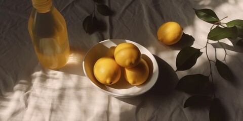 Lemon still life. Close up of citrus fruits on a white linen fabric with overlay shadow effect.Nature organic food concept. Summertime background. Generative Ai