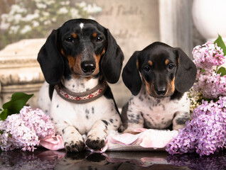 tvo dachshunds color piebald, the puppy sits against the backdrop of a green garden flowers Lilas