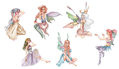 Forest fairy girl with magic wings set. Watercolor hand drawn fairy tale illustration. Perfect for greeting card, poster, wedding invitation, party decor