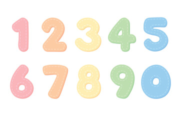 Cute pastel stitched numbers for kids, from zero to nine. Vector illustration.