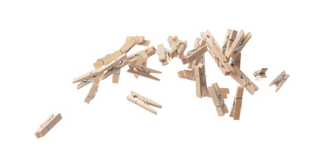 Wooden clothespins float gracefully in air, purposeful clips and holds transformed into a dance of household order and creative inspiration. Beige bundle of laundry dangles. White background isolated