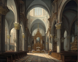 Fototapeta na wymiar A Tranquil, Spiritual Interior of a Church - Generative AI Illustration