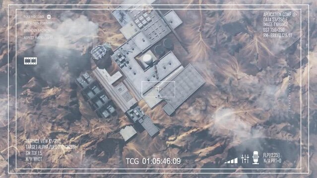 Secret Nuclear base hidden in the desert, Aerial top down
Drone view over nuclear plant surrounded by mountains in the desert, 4K,2023 
