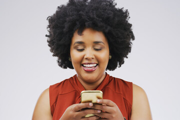 Smile, mockup and African woman with a smartphone, typing and communication against a white studio background. Female person, model and girl with a cellphone, mobile app and connection with happiness