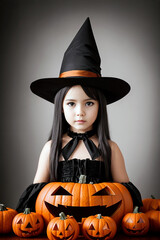 Fototapeta premium Halloween holiday. Girl in a witch costume with scary makeup for halloween autumn holiday celebration party. Generative AI