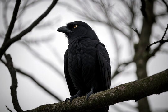A black raven sits on a withered tree branch in the forest at night in the moonlight. Terrible picture. halloween night. Generative AI