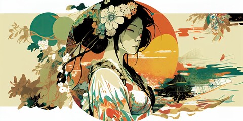 A woman in a retro kimono that stands out for the melancholy of traditional Japanese ukiyo-e prints, looking into the distance with sorrowful eyes Calming colors Abstract and AI-generated