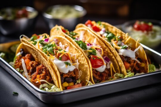 Close-up view photography of a tempting tacos on a plastic tray against a painted brick background. With generative AI technology