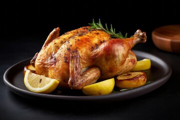 Rustic ambiance close-up photography of a tempting roast chicken on a rustic plate against a black slate background. With generative AI technology