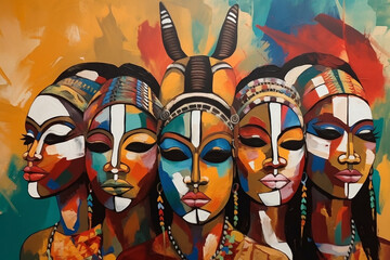 Colorful art of African people. Abstract painting concept. African culture. Woman Mask. Generative AI.