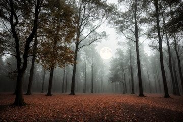 Scary foggy night forest. Silhouettes of trees, crows, people. Moonlight night before Halloween. Generative AI