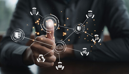 People using digital interface for transformation management and cloud computing. IoT and big data powering business process strategy. New technology is the future