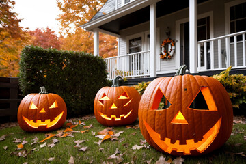 Country house decorated with halloween harvest festival attributes. Pumpkins, autumn leaves, night, jack o lantern, fear and horror. Generative AI