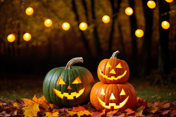 Fototapeta premium Country house decorated with halloween harvest festival attributes. Pumpkins, autumn leaves, night, jack o lantern, fear and horror. Generative AI