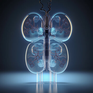 Transparent blue human kidney made of glass