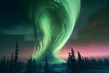 A surreal illustration of a distorted or manipulated natural phenomenon, such as a tornado or aurora borealis, Generative AI