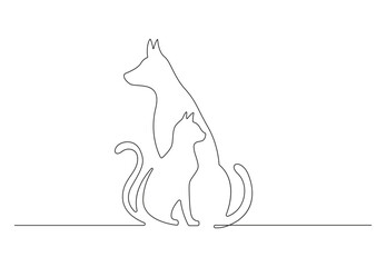 Continuous one line drawing of dog and cat black and white vector illustration. Premium vector.
