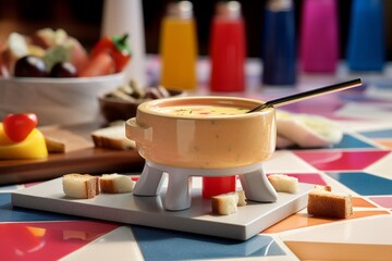 Naklejka na ściany i meble Highly detailed close-up photography of a tempting fondue on a marble slab against a colorful tile background. With generative AI technology