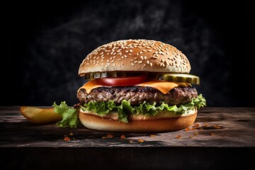 Conceptual close-up photography of a delicious burguer on a slate plate against a rustic textured paper background. With generative AI technology