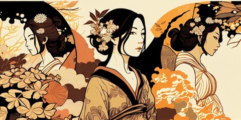 A traditional Japanese ukiyo-e woman has a sorrowful expression in Japanese clothing, and the retro atmosphere is filled with sorrow. Calm colors. Abstract and AI-generated illustration.