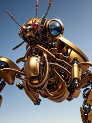 Golden robot bee. Illustration. Generated by AI