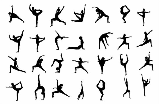 Man and Woman silhouettes. Collection of yoga poses.