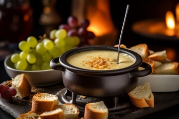 Macro view photography of a tasty fondue on a marble slab against a rustic textured paper background. With generative AI technology