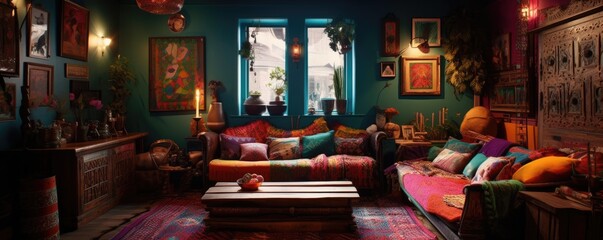 Fototapeta na wymiar Banner - Living room in Bohemian style characterized by vibrant colors and rich patterns, with a mix of eclectic and vintage furniture. Architecture and Real estate, AI generative