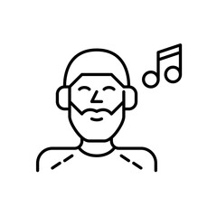 Young man listening to music in headphones. Relaxation and entertainment. Pixel perfect, editable stroke icon