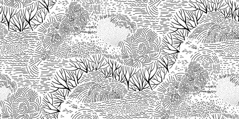 Minimalistic seamless pattern. Simple line vector graphics. Lines, dots, hatching and silhouettes. Trees, nature, water.