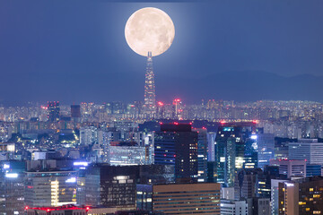 Seoul City at night with  Full Moon South Korea
