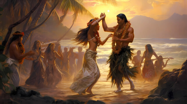 Illustration of traditional hawaiian lifestyle on an island, Hawaii, USA